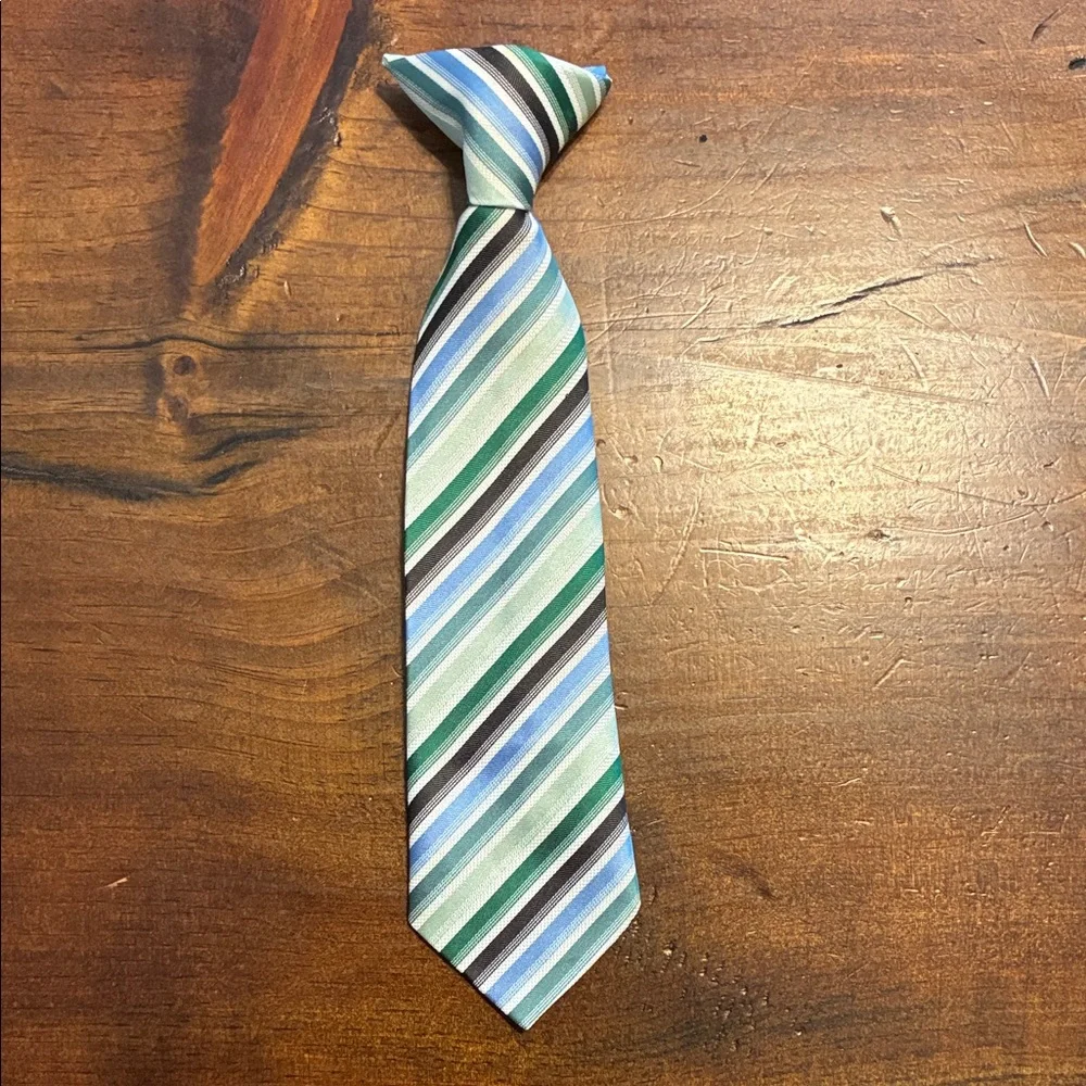 Boys green and blue and black striped neck tie clip on style